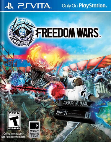 Freedom Wars for PlayStation Vita (PSV) at Gamers INC, featuring a high-octane "Panopticon" hunter-action RPG where you play as a Sinner fighting to reduce a million-year prison sentence through intense cooperative combat, utilizing the unique "Thorn" grappling hook for vertical mobility and giant abductor takedowns in a dystopian sci-fi world front cover