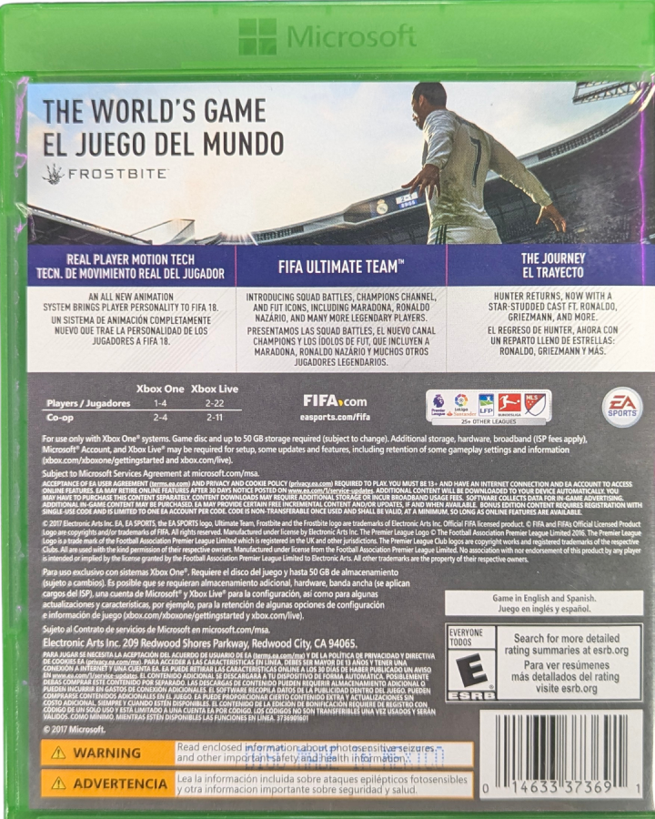 FIFA 18 Ronaldo Edition Xbox One game featuring realistic soccer gameplay, updated teams and stadiums, and exclusive Cristiano Ronaldo cover edition content back cover