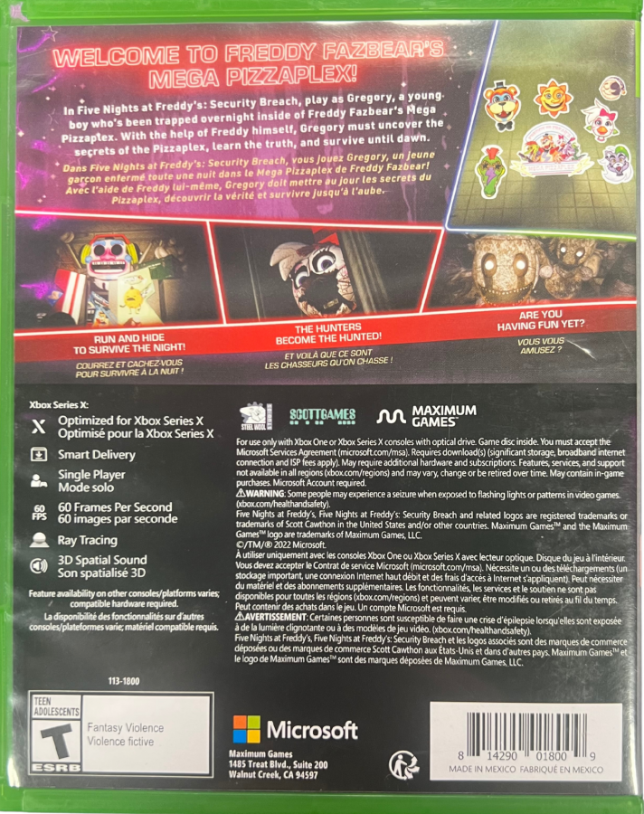 LocFive Nights at Freddy's Security Breach Xbox One XONE for survival horror video game fans featuring animatronic enemies stealth gameplay first person exploration massive entertainment complex nighttime survival missions puzzle solving tense encounters and immersive horror adventure collectible gaming appeal back cover art