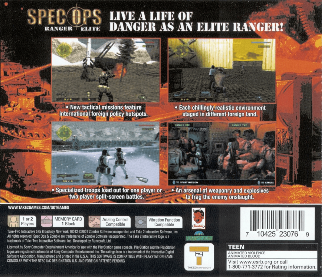 Spec Ops: Ranger Elite back of case for PlayStation 1 (PS1) tactical shooter video game