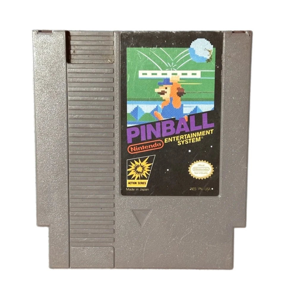 Pinball Nintendo Entertainment System NES video game featuring classic pinball gameplay arcade style table action flippers bumpers targets bonus stages high score challenges and simple 8 bit Nintendo gameplay retro video game collection collectible gaming appeal game cartridge