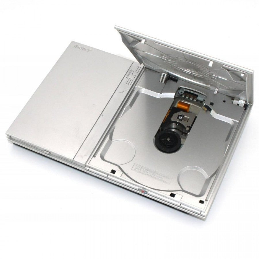 Silver Sony PlayStation 2 Slim console retro gaming system open disc tray
