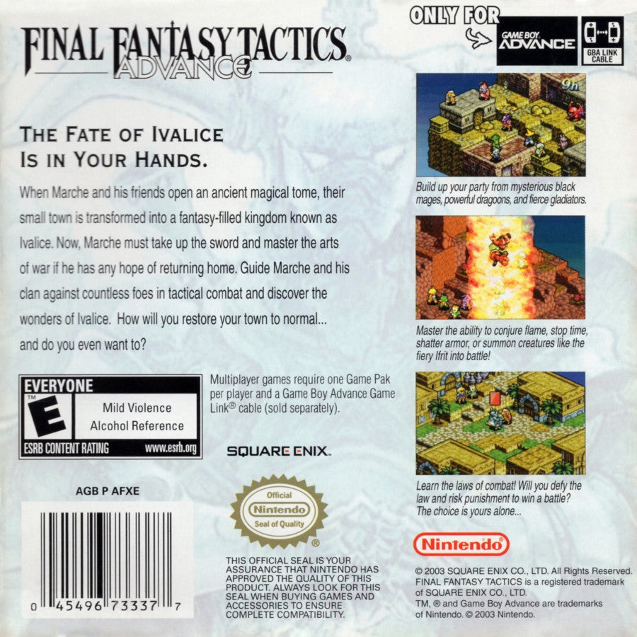 Final Fantasy Tactics Advance cartridge for the Game Boy Advance featuring tactical RPG gameplay with grid based battles job system customization and a story driven fantasy adventure set in the world of Ivalice back cover art