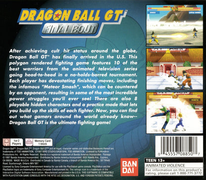 Dragon Ball GT Final Bout PS1 Bandai version anime fighting game based on Dragon Ball GT 3D arena combat Super Saiyan characters energy attacks versus battles Japanese and North American Bandai release retro gaming PlayStation software video game title back cover art 
