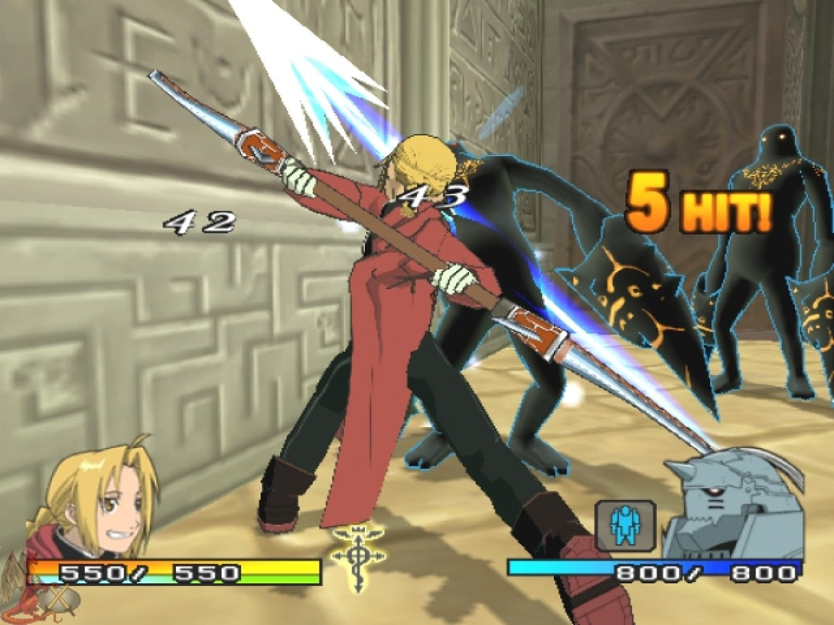 Retro Fullmetal Alchemist 2 Curse of the Crimson Elixir PS2 inspired design featuring anime action RPG aesthetic vintage PlayStation 2 alchemy powered combat Edward Elric Alphonse Elric fantasy steampunk adventure cinematic battles nostalgic anime game presentation gameplay