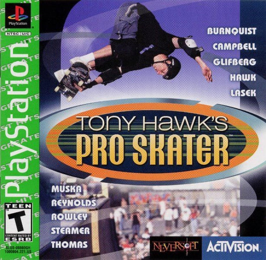 Tony Hawk’s Pro Skater [Greatest Hits] cover art for PlayStation 1 (PS1) video game, skateboarding sports action, trick-based gameplay, classic extreme sports title