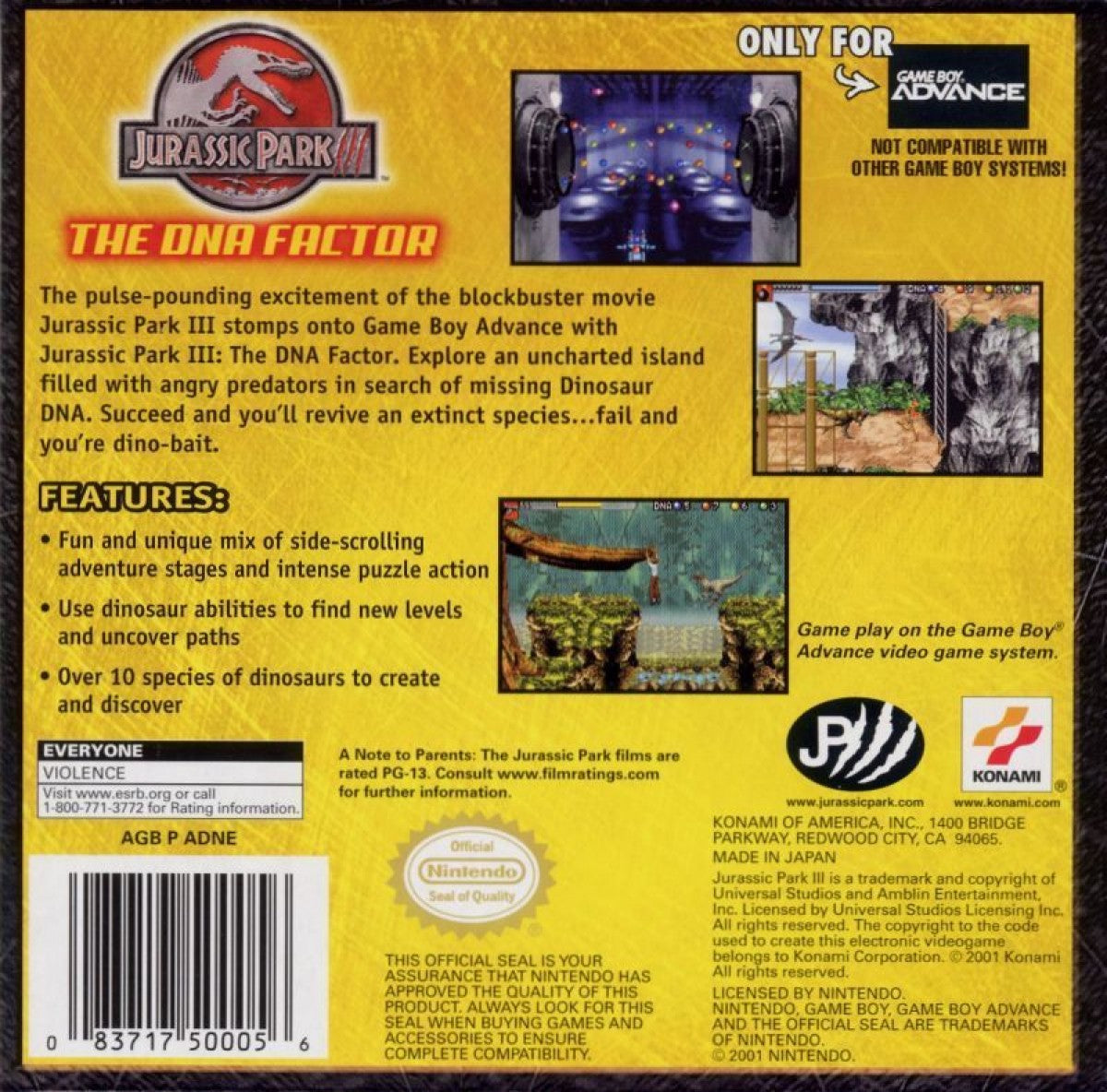 Jurassic Park III DNA Factor Game Boy Advance GBA video game featuring Jurassic Park dinosaur adventure gameplay DNA research challenges puzzle solving prehistoric environments dinosaur encounters island exploration and classic handheld Nintendo action retro video game collection collectible gaming appeal back cover art 