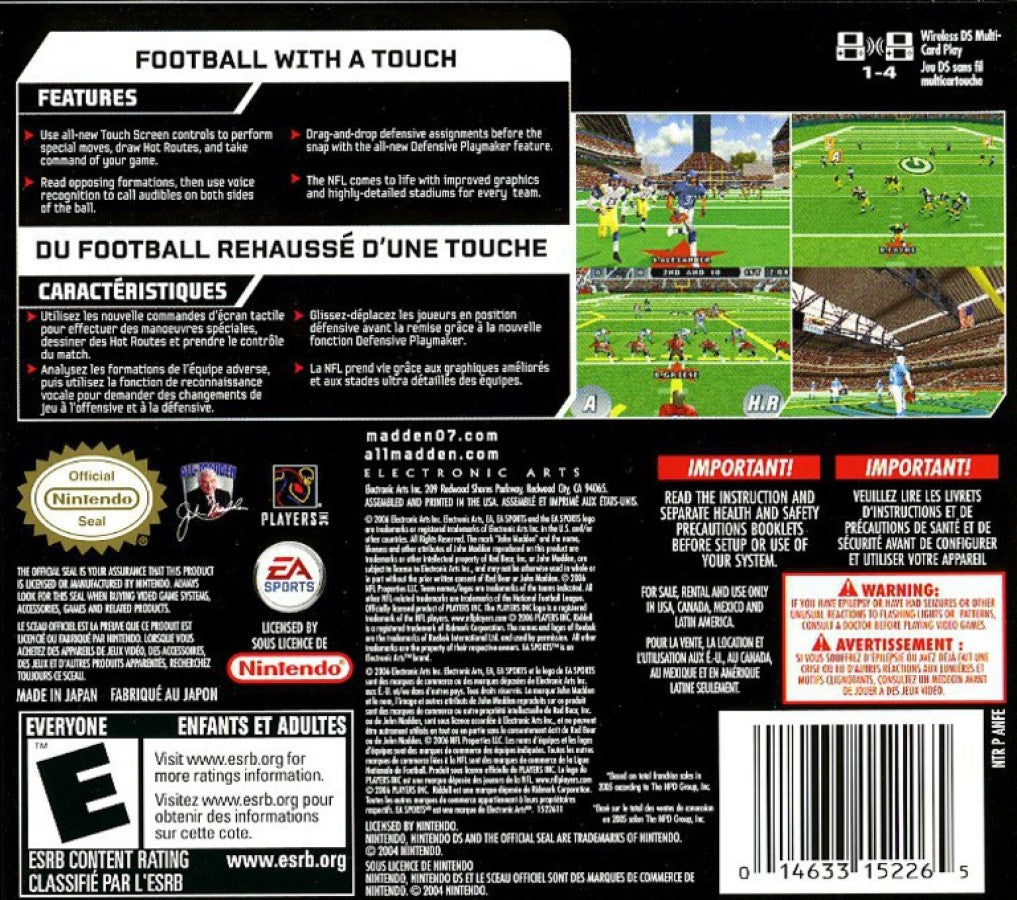 Madden NFL 07 Nintendo DS DS video game featuring American football sports simulation gameplay NFL teams and players offensive play calling defensive strategies passing rushing touchdowns hard hitting tackles special teams action season mode franchise management player ratings roster updates quarterback controls multiplayer matches and classic Nintendo DS handheld football gaming retro video game collection collectible gaming appeal back cover art