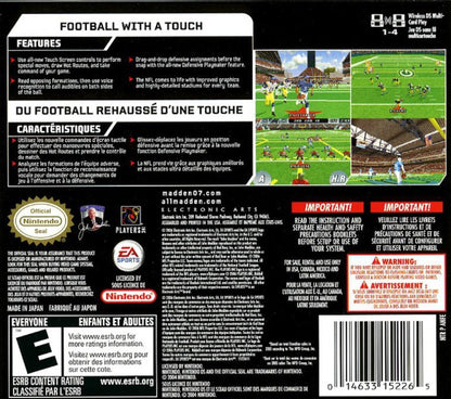 Madden NFL 07 Nintendo DS DS video game featuring American football sports simulation gameplay NFL teams and players offensive play calling defensive strategies passing rushing touchdowns hard hitting tackles special teams action season mode franchise management player ratings roster updates quarterback controls multiplayer matches and classic Nintendo DS handheld football gaming retro video game collection collectible gaming appeal back cover art