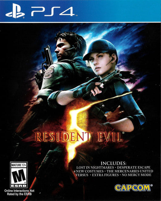 Resident Evil 5 PlayStation 4 game featuring third person action horror gameplay cooperative multiplayer campaign Chris Redfield and Sheva Alomar story intense combat upgraded HD graphics and survival horror experience by Capcom cover art
