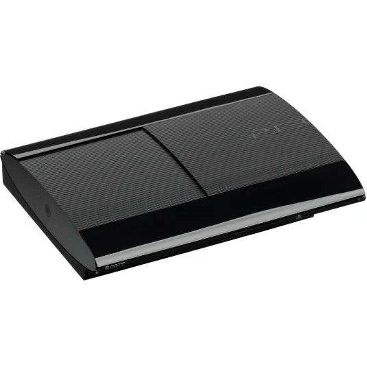 PlayStation 3 Super Slim 250GB console system featuring compact sliding disc design HDMI output online connectivity and 250GB storage includes third party controller shows scratches and scuffs from use but remains fully functional for gaming and media playback