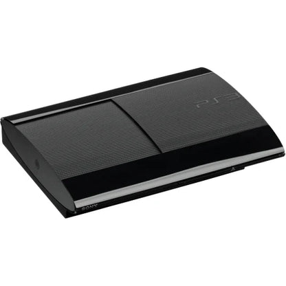 PlayStation 3 Super Slim 250GB console system featuring compact sliding disc design HDMI output online connectivity and 250GB storage includes third party controller shows scratches and scuffs from use but remains fully functional for gaming and media playback