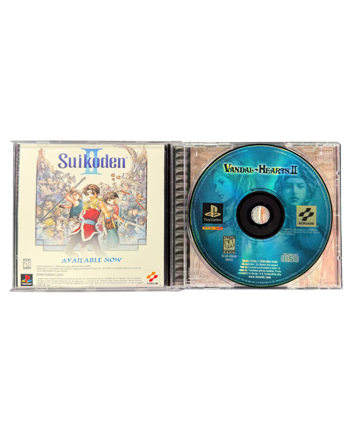 Vandal Hearts II PlayStation PS1 for tactical role playing video game fans featuring turn based strategy combat fantasy battles character progression weapon upgrades challenging missions deep political storyline medieval environments classic Konami JRPG gameplay collectible gaming appeal inside of case