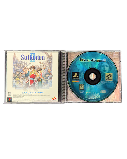 Vandal Hearts II PlayStation PS1 for tactical role playing video game fans featuring turn based strategy combat fantasy battles character progression weapon upgrades challenging missions deep political storyline medieval environments classic Konami JRPG gameplay collectible gaming appeal inside of case