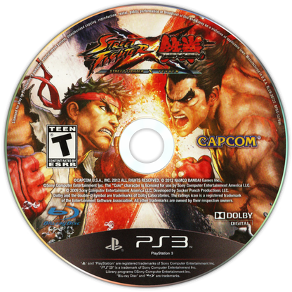 Street Fighter X Tekken for PlayStation 3 (PS3) at Gamers INC, featuring an epic crossover roster from two legendary fighting franchises with a tag-team combat system, Gem enhancements, and explosive cinematic special moves for the ultimate 2D fighter experience disc