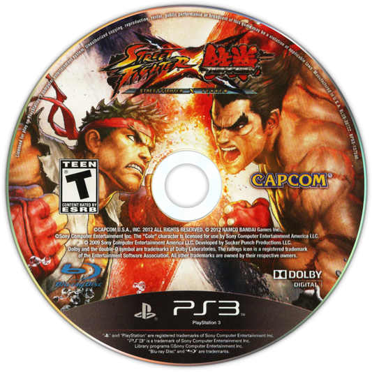 Street Fighter X Tekken for PlayStation 3 (PS3) at Gamers INC, featuring an epic crossover roster from two legendary fighting franchises with a tag-team combat system, Gem enhancements, and explosive cinematic special moves for the ultimate 2D fighter experience disc