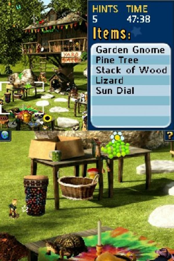 Yard Sale Hidden Treasures Sunnyville game for the Nintendo DS featuring hidden object gameplay where players explore yard sale scenes in the town of Sunnyville searching for items completing puzzles and using found objects to decorate and upgrade a home in a light story driven progression system gameplay