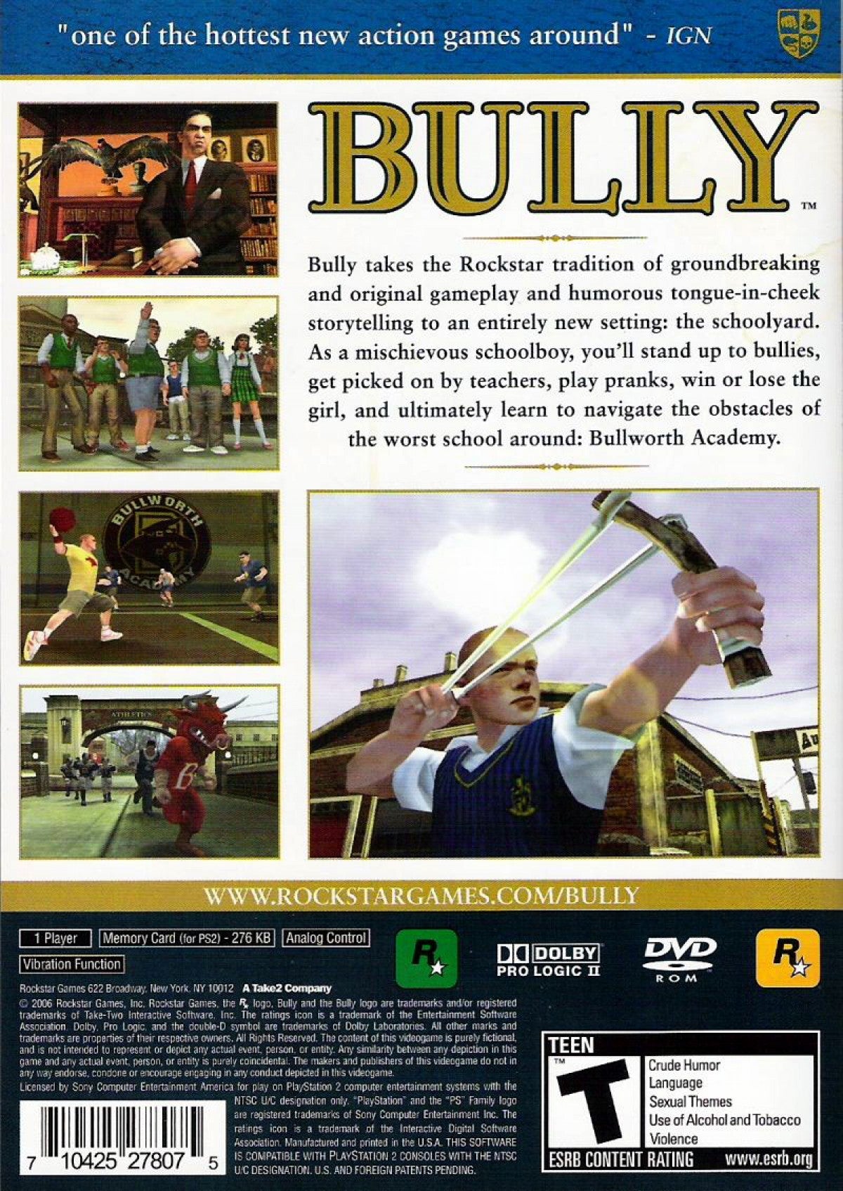 Retro Bully Greatest Hits PS2 inspired design featuring classic Rockstar Games schoolyard open world adventure aesthetic vintage PlayStation 2 era rebellious teen gameplay comic style visuals academy chaos mischievous missions nostalgic action game presentation back cover