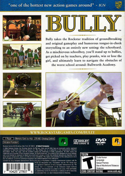 Retro Bully Greatest Hits PS2 inspired design featuring classic Rockstar Games schoolyard open world adventure aesthetic vintage PlayStation 2 era rebellious teen gameplay comic style visuals academy chaos mischievous missions nostalgic action game presentation back cover