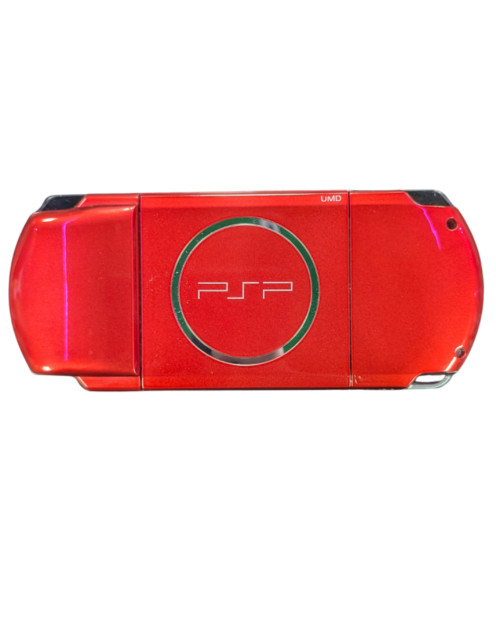 PlayStation Portable PSP 3000 Carnival Red JP import, handheld Sony gaming console, portable gaming system, Japanese region model back cover plate of actual device