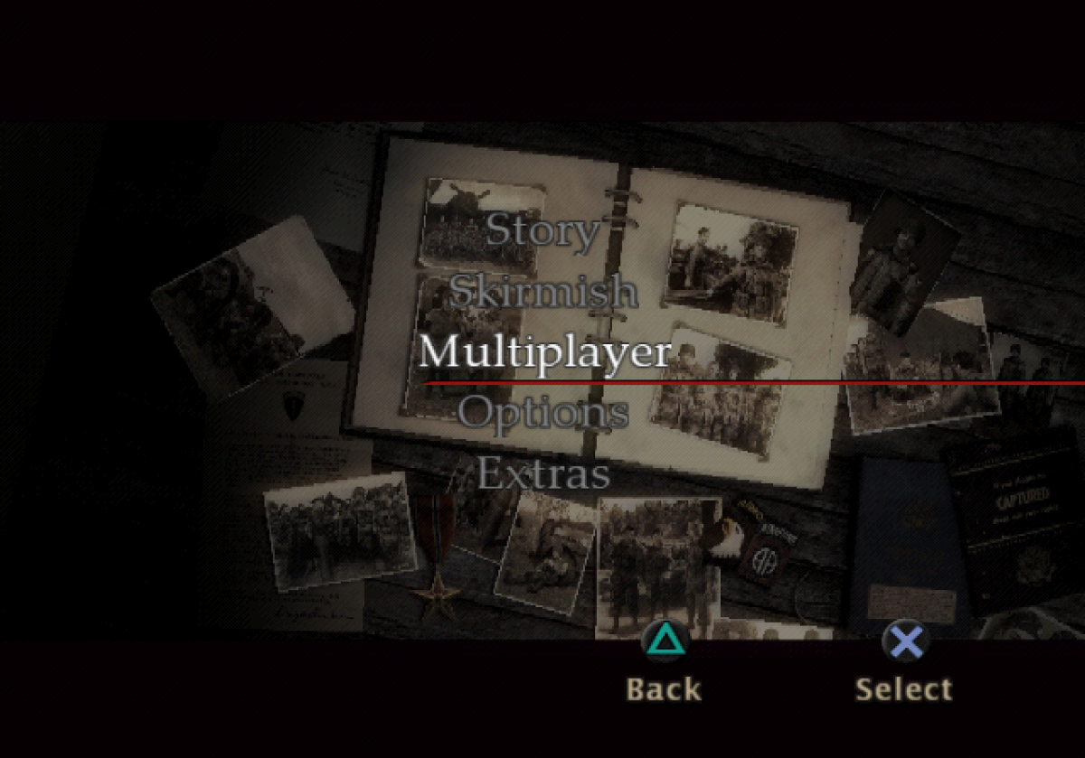 Brothers in Arms: Earned in Blood title screen for PlayStation 2 (PS2) first-person shooter video game.