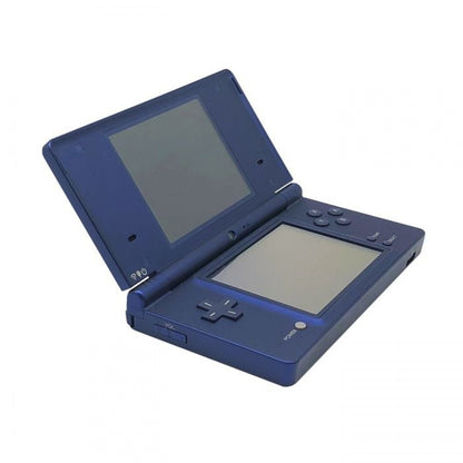 Metallic blue Nintendo DSi handheld gaming console for portable Nintendo games open