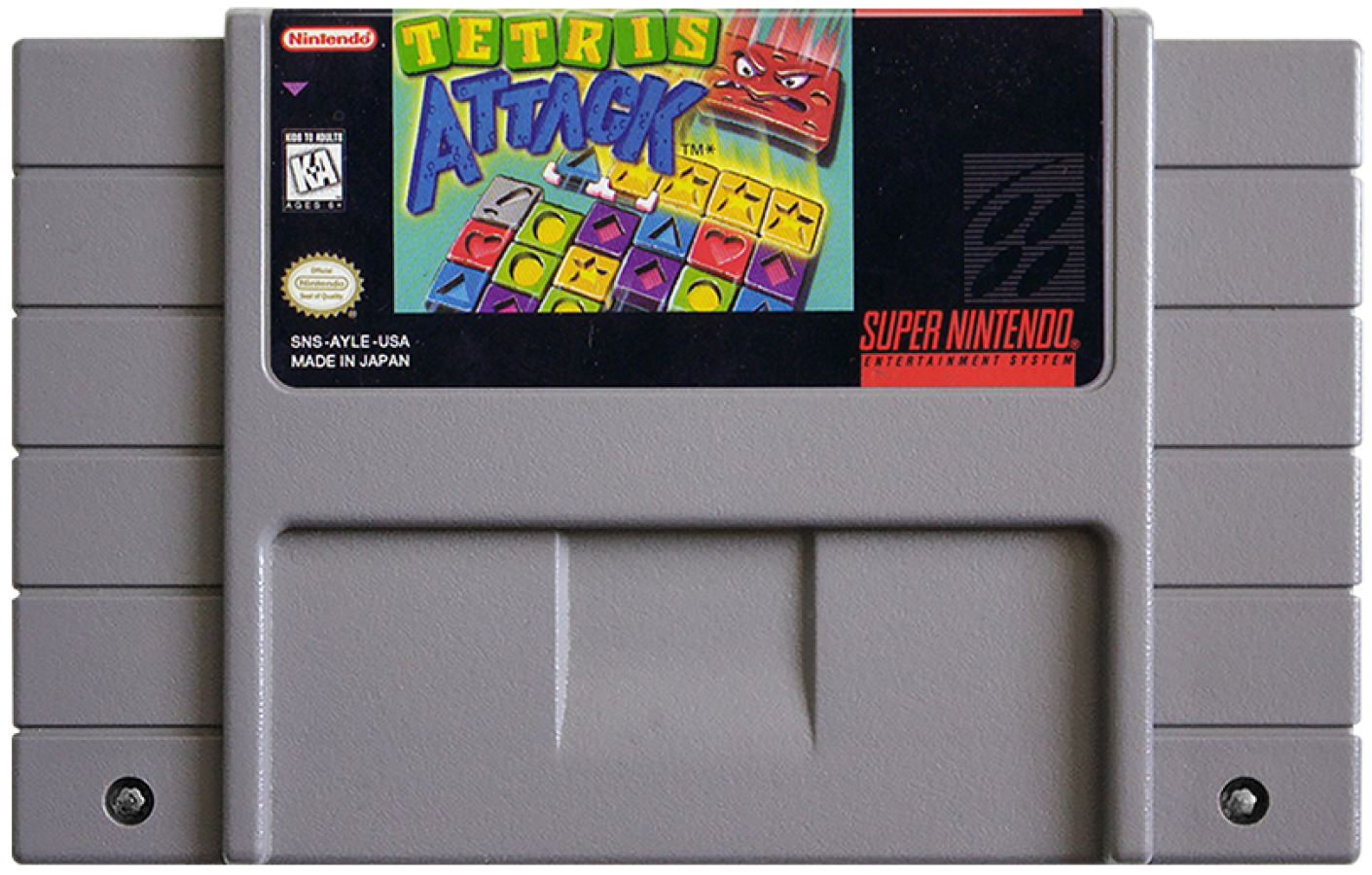 Tetris Attack for Super Nintendo Entertainment System with colorful tile-matching puzzle gameplay theme cartridge