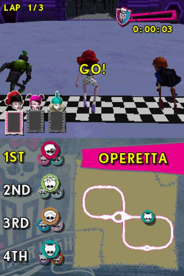 Monster High: Skultimate Roller Maze gameplay for Nintendo 3DS (3DS) roller-skating racing video game