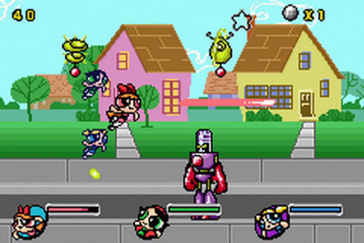 The Powerpuff Girls Mojo Jojo A-Go-Go for Game Boy Advance, gameplay for a platformer action video game with side-scrolling gameplay, cartoon-style combat, character-based challenges, and villain-themed adventure
