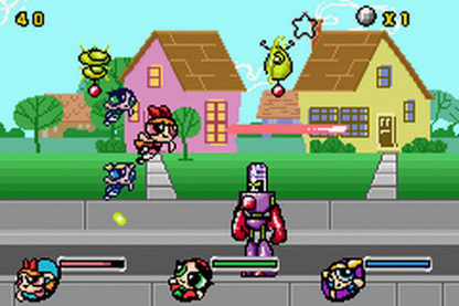 The Powerpuff Girls Mojo Jojo A-Go-Go for Game Boy Advance, gameplay for a platformer action video game with side-scrolling gameplay, cartoon-style combat, character-based challenges, and villain-themed adventure