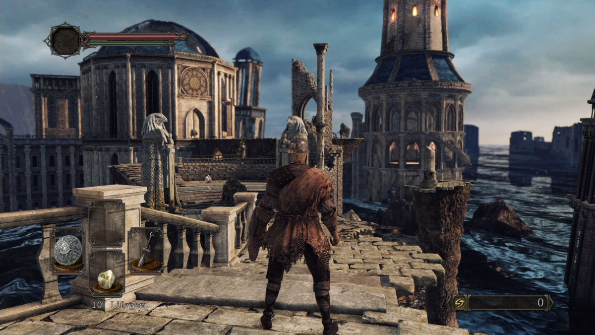 Dark Souls II Scholar of the First Sin Greatest Hits PlayStation 3 challenging action RPG punishing difficulty expanded definitive edition includes all three DLC Crown of the Sunken King Crown of the Old Iron King Crown of the Ivory King enhanced enemy placement improved graphics additional NPCs FromSoftware masterpiece brutal combat character customization multiplayer invasions cooperative summons bonfire system deep lore intricate world design gameplay screenshot