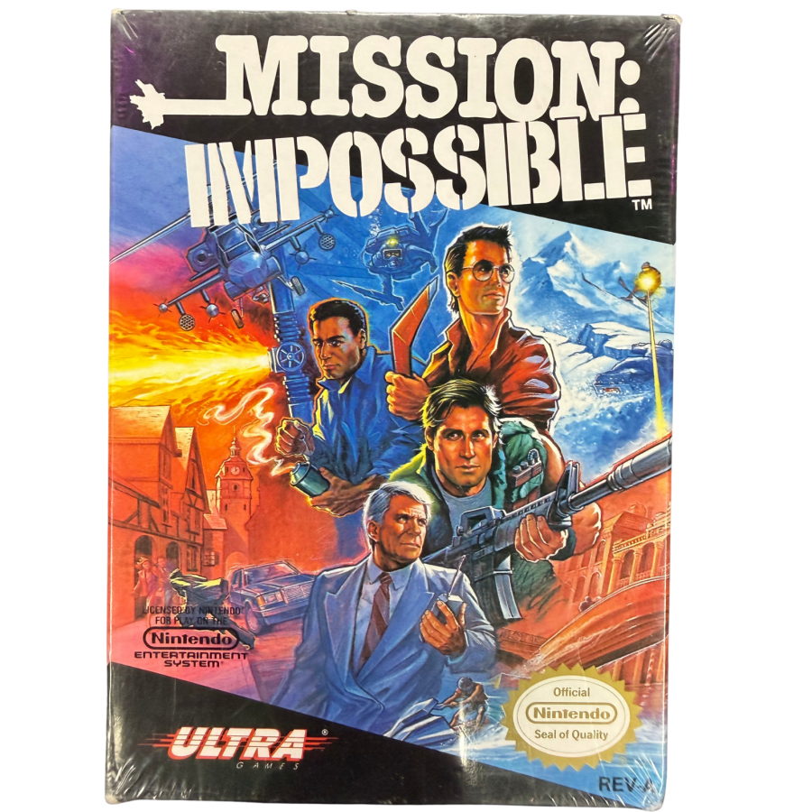 Mission Impossible Nintendo Entertainment System NES for action adventure video game fans featuring secret agent missions espionage gameplay enemy encounters stealth action weapons puzzle solving challenging levels and classic Nintendo Entertainment System gaming collectible appeal front cover