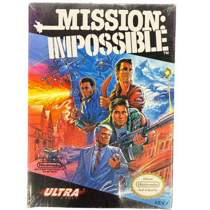 Mission Impossible Nintendo Entertainment System NES for action adventure video game fans featuring secret agent missions espionage gameplay enemy encounters stealth action weapons puzzle solving challenging levels and classic Nintendo Entertainment System gaming collectible appeal front cover