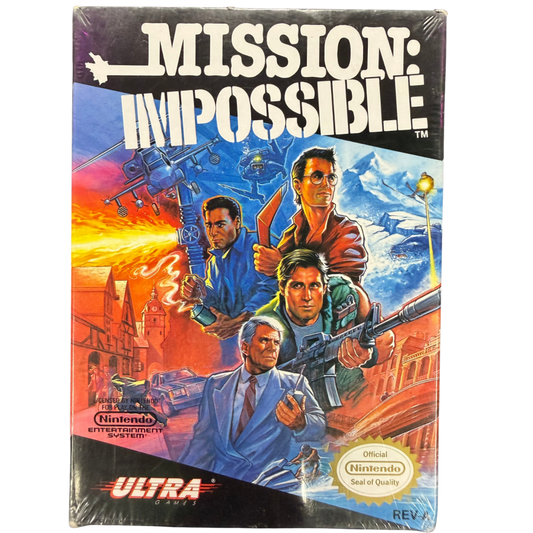 Mission Impossible Nintendo Entertainment System NES for action adventure video game fans featuring secret agent missions espionage gameplay enemy encounters stealth action weapons puzzle solving challenging levels and classic Nintendo Entertainment System gaming collectible appeal front cover