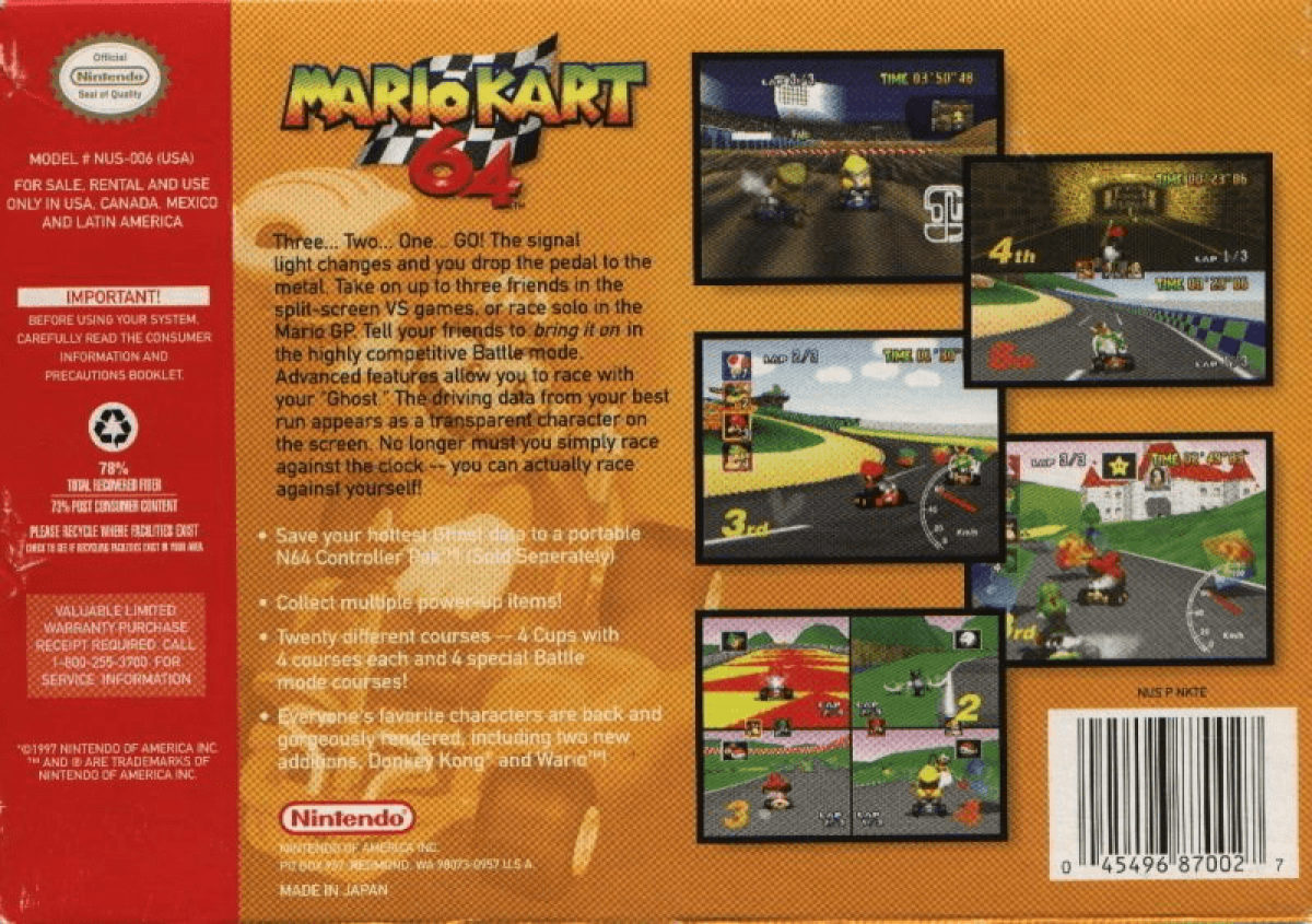 Mario Kart 64 back cover art for Nintendo 64 (N64) video game