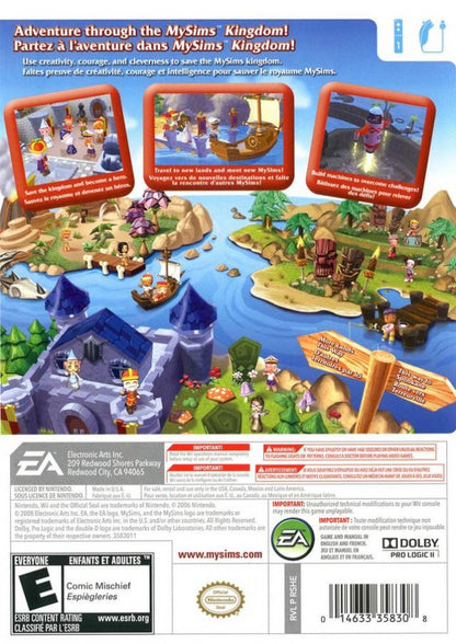 MySims: Kingdom for Nintendo Wii life simulation adventure game featuring building customization quests colorful characters creative sandbox style gameplay back cover 