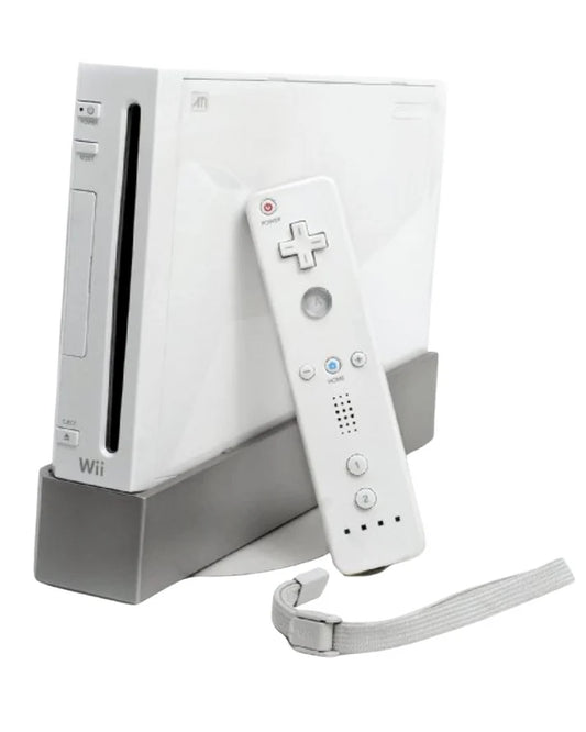 Front view of a white Nintendo Wii console with matching Wii Remote controller showing power button, disc slot, and sensor bar compatibility