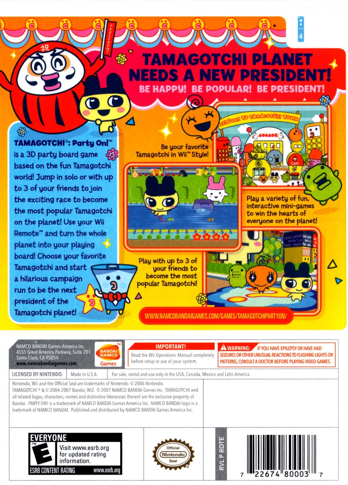 Tamagotchi Party On – Nintendo Wii (Wii) party board mini-game family video game back of case