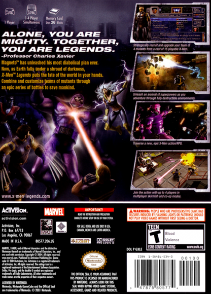 X-Men Legends back of case for Nintendo GameCube (GC) action RPG superhero video game