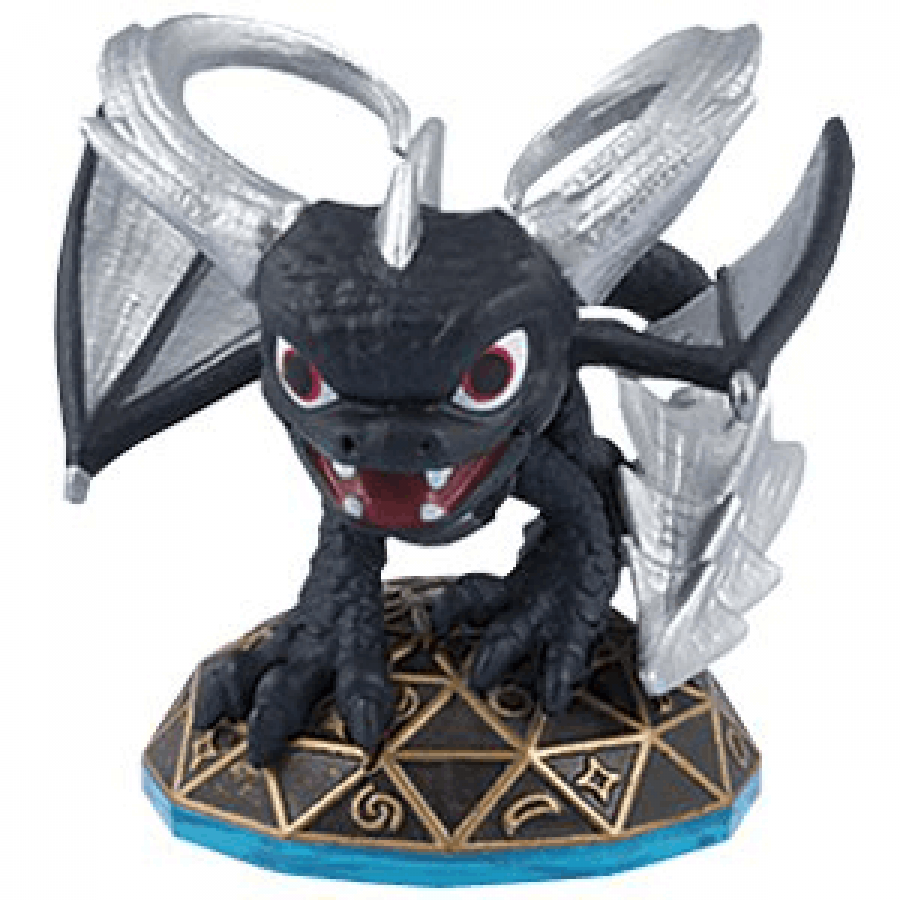 Dark Spyro Skylanders Swap Force figure, shadow variant purple dragon with dark accents, glowing eyes and wings spread in attack pose, detailed collectible toy on portal base from Skylanders Swap Force series
