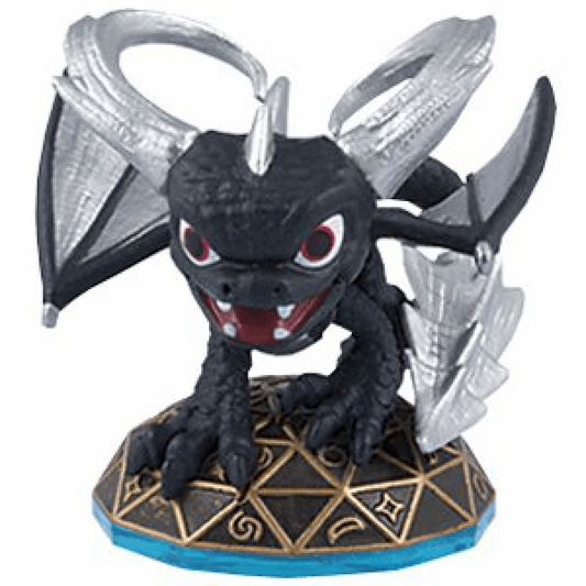 Dark Spyro Skylanders Swap Force figure, shadow variant purple dragon with dark accents, glowing eyes and wings spread in attack pose, detailed collectible toy on portal base from Skylanders Swap Force series