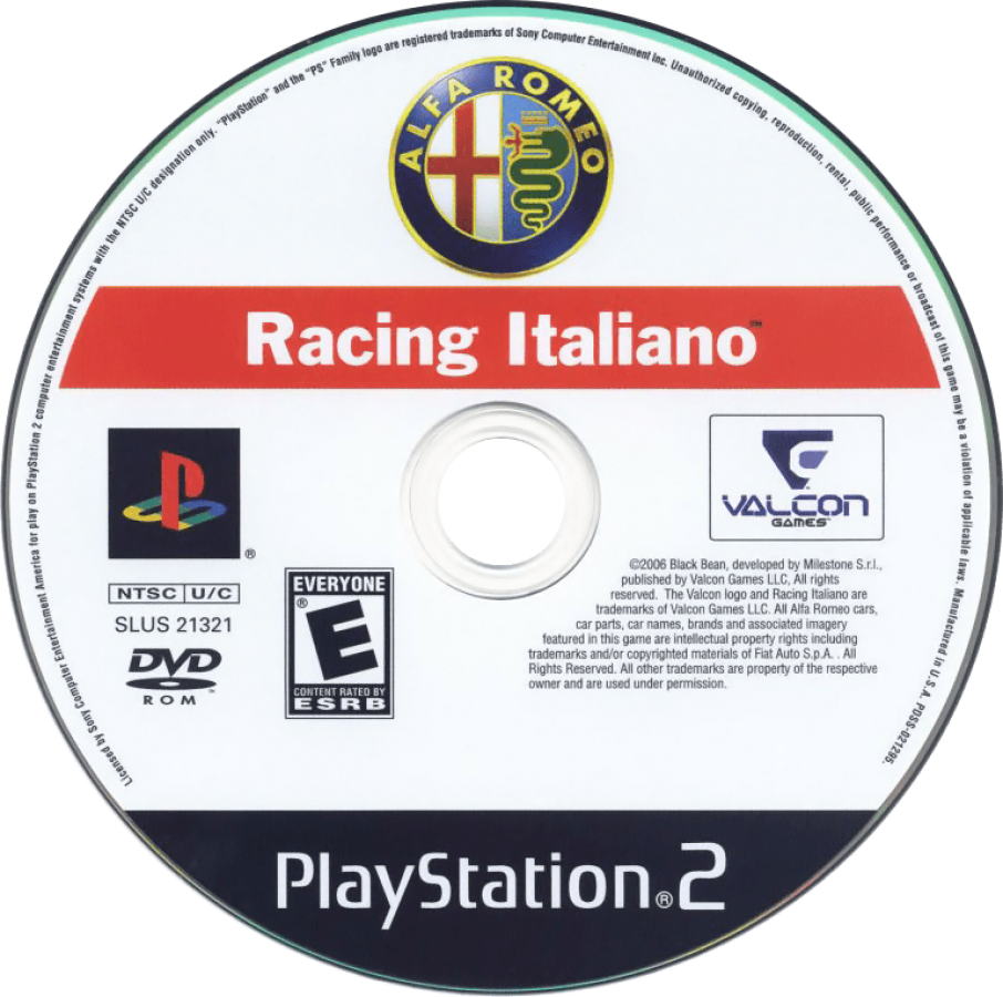 Retro Alfa Romeo Racing Italiano PS2 inspired design featuring exotic European sports car racing aesthetic vintage PlayStation 2 Italian automotive culture realistic driving simulation high speed circuits sleek performance vehicles nostalgic racing game presentation - disc