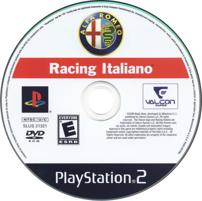 Retro Alfa Romeo Racing Italiano PS2 inspired design featuring exotic European sports car racing aesthetic vintage PlayStation 2 Italian automotive culture realistic driving simulation high speed circuits sleek performance vehicles nostalgic racing game presentation - disc