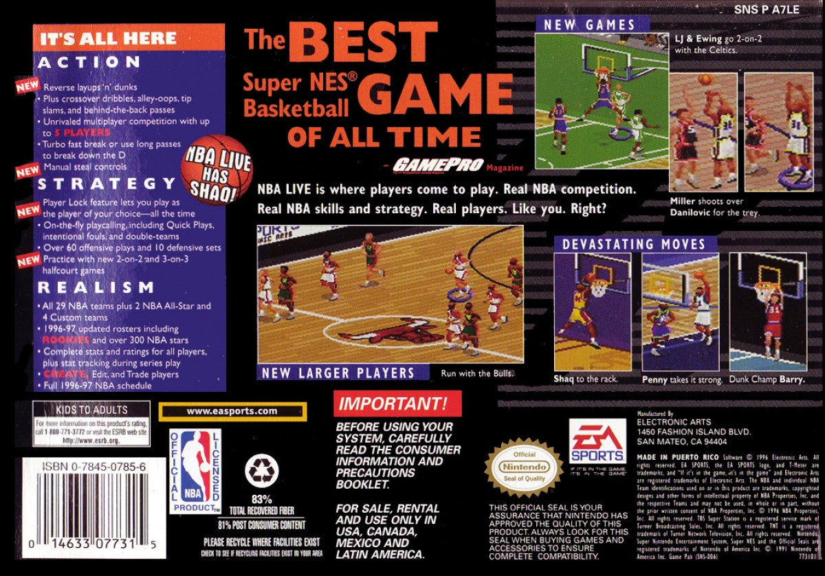 NBA Live 97 for Super Nintendo basketball simulation game featuring NBA teams and players season mode arcade style gameplay realistic court action back cover art