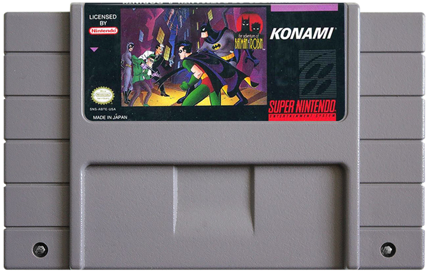 The Adventures of Batman and Robin for Super Nintendo action platformer featuring Batman and Robin battling villains from the animated series with gadgets combat and side scrolling gameplay cartridge