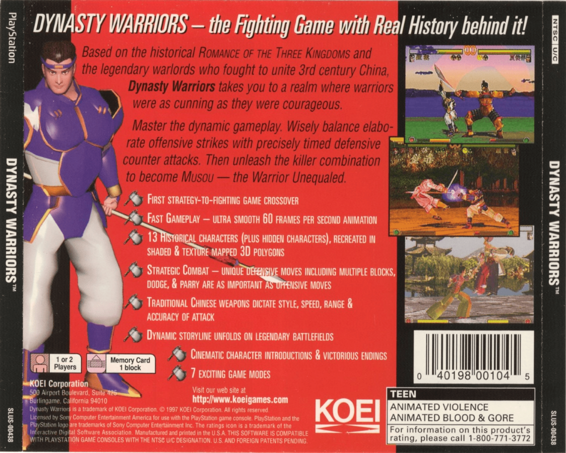 Dynasty Warriors PlayStation 1 PS1 fighting action video game featuring intense one-on-one martial arts battles powerful attacks weapon-based combat strategic fighting mechanics challenging opponents and classic PlayStation 1 back cover art