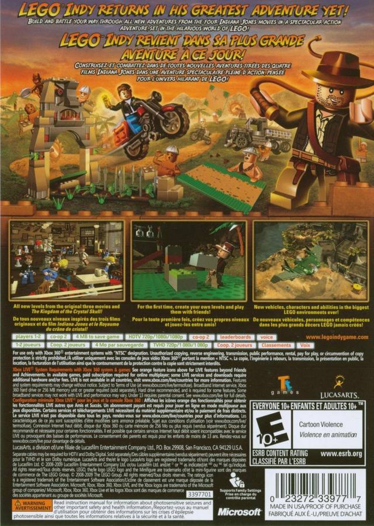 LEGO Indiana Jones 2 The Adventure Continues PlayStation 3 action-adventure sequel featuring the original trilogy plus Crystal Skull content level creator brick-building puzzle solving humor Indiana Jones Marion characters cooperative gameplay back cover