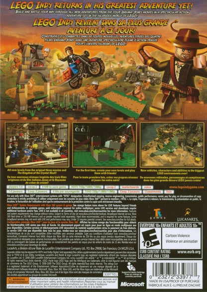 LEGO Indiana Jones 2 The Adventure Continues PlayStation 3 action-adventure sequel featuring the original trilogy plus Crystal Skull content level creator brick-building puzzle solving humor Indiana Jones Marion characters cooperative gameplay back cover