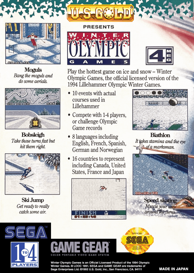 Winter Olympic Games: Lillehammer '94 back cover art for Sega Game Gear (GG) video game