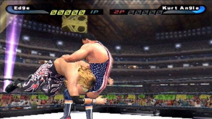 Retro WWE SmackDown Shut Your Mouth Greatest Hits PS2 inspired design featuring classic wrestling entertainment aesthetic vintage PlayStation 2 arena combat superstar roster grappling strikes entrances storyline mode sports entertainment chaos nostalgic WWE wrestling game presentation - gameplay